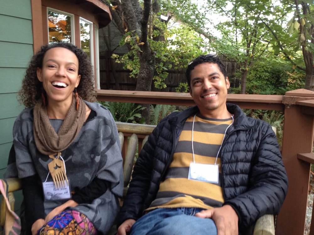 Two people happy at retreat in nature